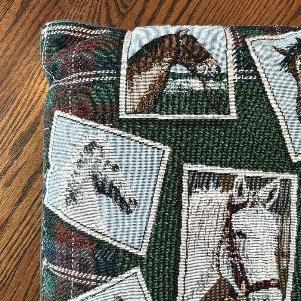VTG Horses Tapestry Throw Pillow‎ Collage Green Tartan Plaid Equestrian 16